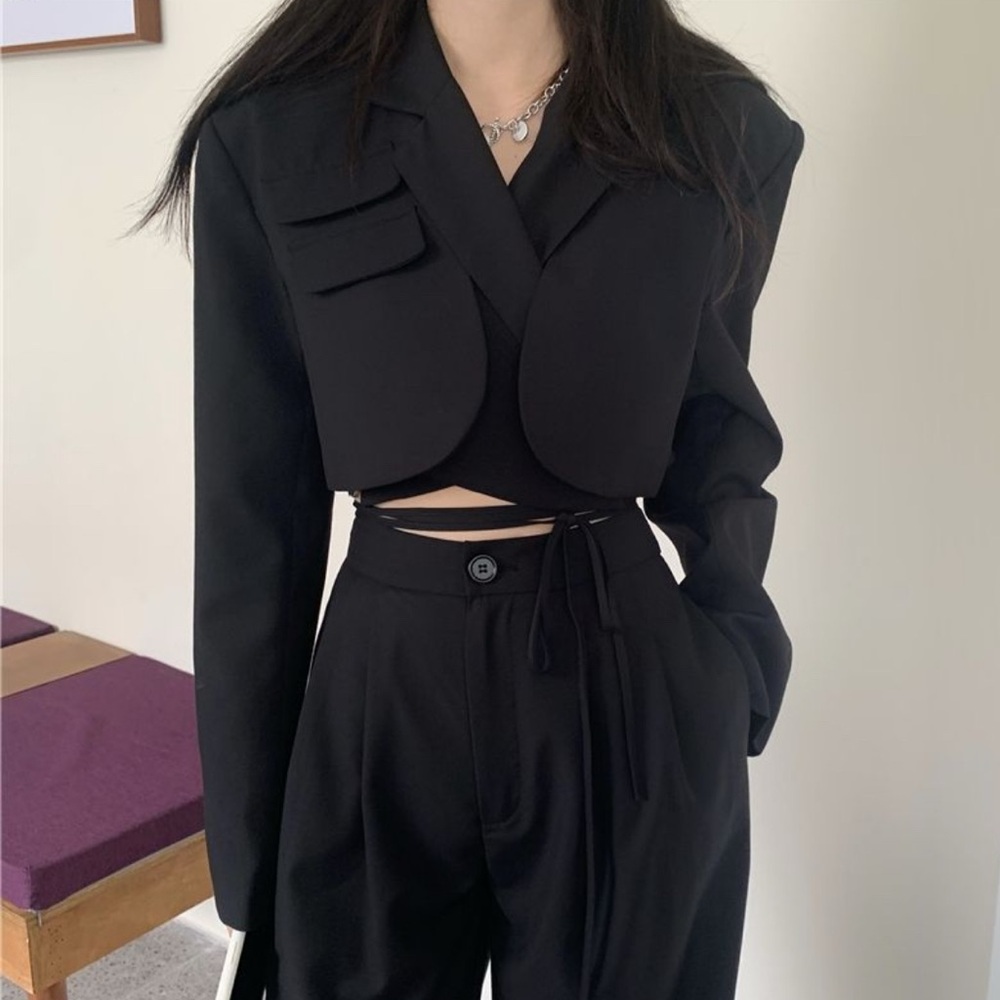 Black cropped blazer with wrap detail